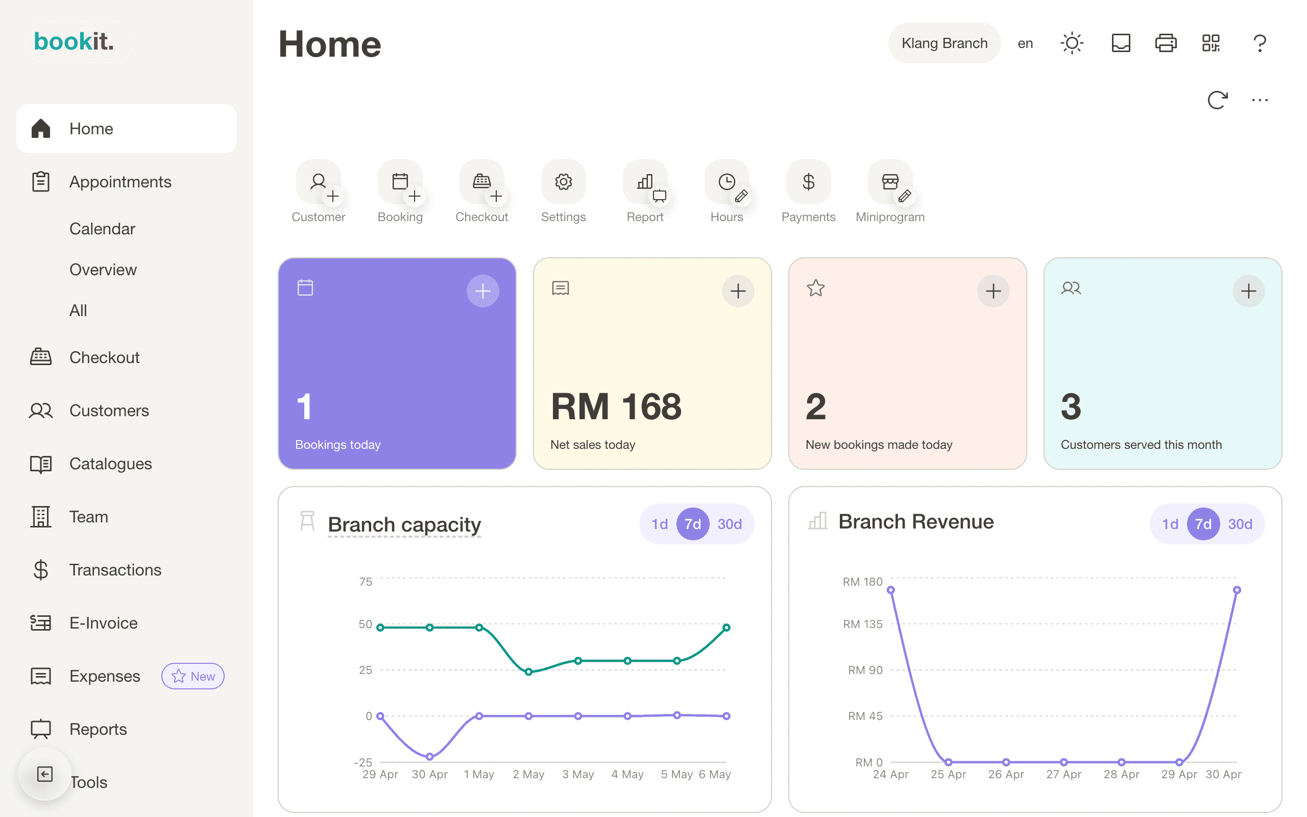 bookit dashboard showing today's bookings, revenue, and upcoming appointments